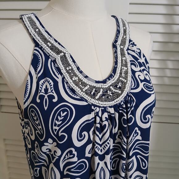 Apt 9 Small Halter Style Beaded Rounded-v-Neck Royal Blue White paisley A-line - Picture 1 of 15